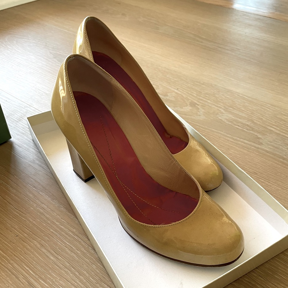 Kate Spade block heels in camel patent leather, size 6.5